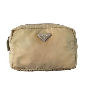 Prada tan nylon triangle logo medium cosmetic zip pouch